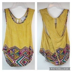 Coveted clothing cross wrap back geometric colorful tribal print tank top, EUC